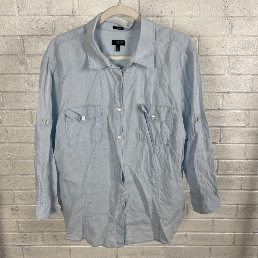 Talbots Pure Irish Linen Button Front Shirt Womens Size 3X Blue Resort Coastal
